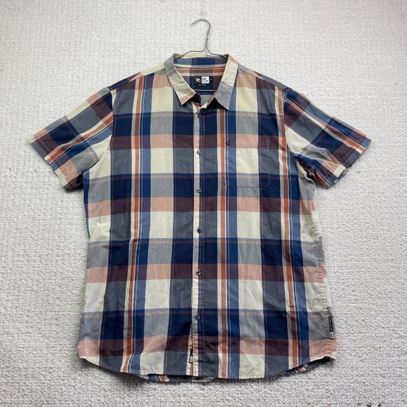 Rip Curl Men's XL Y2K Grunge Blue Plaid Distressed Short Sleeve Button Up Shirt - Picture 1 of 14